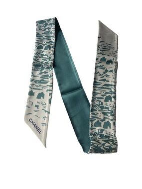 Chanel Silk Twilly Scarf Teal White Print Hair Tie Bag Accessory NWT